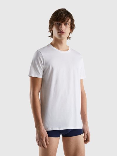 White Men's Benetton Long Fiber Cotton T Shirts | AU063527