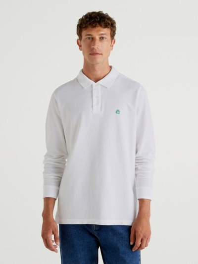 White Men's Benetton Long Sleeve 100% Cotton Polo Shirts | AU298297