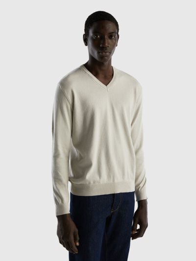 White Men's Benetton Pure Cotton V-neck Sweaters | AU231797