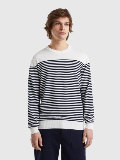 White Men's Benetton Striped 100% Cotton Crew Neck Sweaters | AU269706