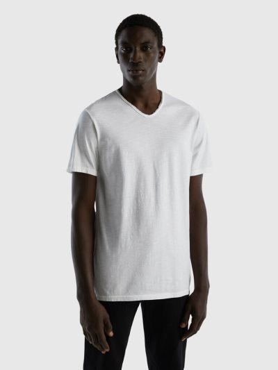 White Men's Benetton V-neck 100% Cotton Short Sleeve T-shirts | AU700366