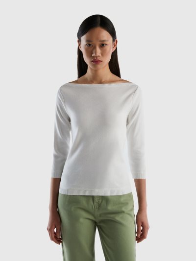 White Women's Benetton 100% Cotton Boat Neck Sweaters | AU030312