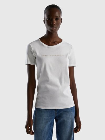 White Women's Benetton 100% Cotton Glitter Print Logo Short Sleeve T-shirts | AU315273