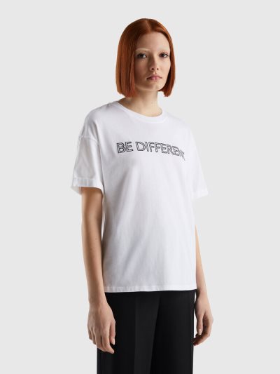 White Women's Benetton 100% Cotton Slogan Short Sleeve T-shirts | AU446016