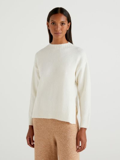 White Women's Benetton Boxy Fit Bouclé Wool Blend High Neck Sweaters | AU943337