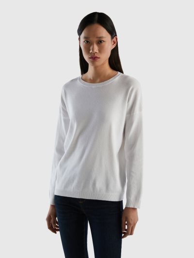 White Women's Benetton Cotton Round Neck Sweaters | AU828780