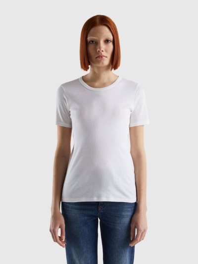 White Women's Benetton Long Fiber Cotton Short Sleeve T-shirts | AU258578