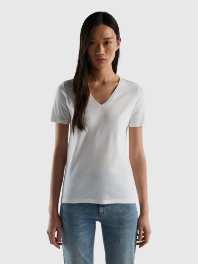 White Women's Benetton Pure Cotton V-neck Short Sleeve T-shirts | AU162878