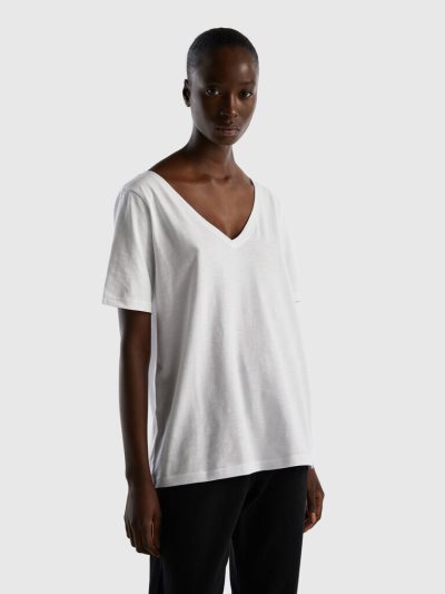 White Women's Benetton V-neck Slub Cotton Short Sleeve T-shirts | AU848553