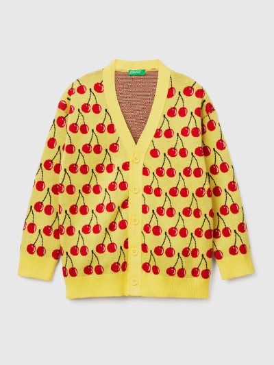 Yellow Kids' Benetton Cherry Pattern Cardigan | AU560118