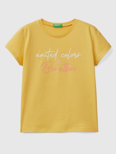 Yellow Kids' Benetton Glittery Logo Organic Cotton Short Sleeve T-shirts | AU131392