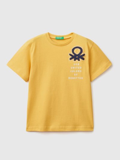 Yellow Kids' Benetton Print And Embroidery Short Sleeve T-shirts | AU992395