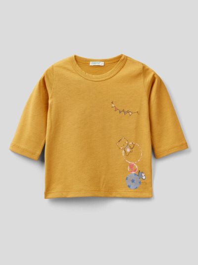 Yellow Kids' Benetton Warm Printed Organic Cotton T Shirts | AU914840