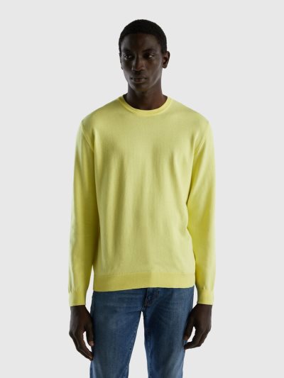 Yellow Men's Benetton Crew Neck 100% Cotton Sweaters | AU287275