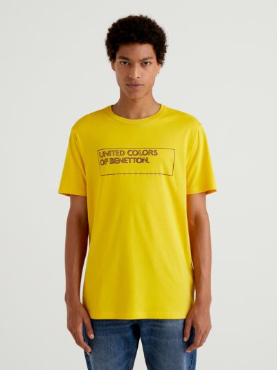 Yellow Men's Benetton Organic Cotton Logo Print Short Sleeve T-shirts | AU538160