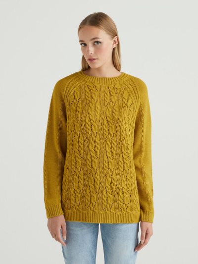 Yellow Women's Benetton Cable Knit And Perforations Crew Neck Sweaters | AU770395