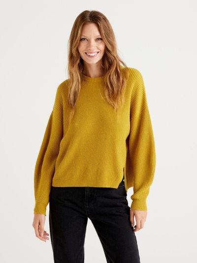 Yellow Women's Benetton Soft Slit Pattern Crew Neck Sweaters | AU830427