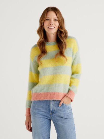 Yellow Women's Benetton Striped Mohair Blend Crew Neck Sweaters | AU283204