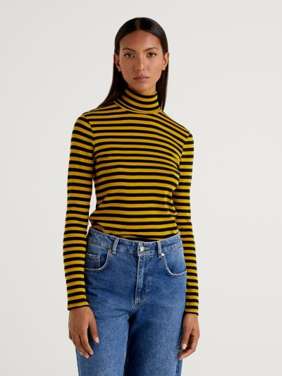 Yellow Women's Benetton Striped Turtleneck Long Sleeve T-shirts | AU958685