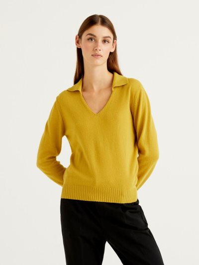 Yellow Women's Benetton Wool And Cashmere V-neck Sweaters | AU409100