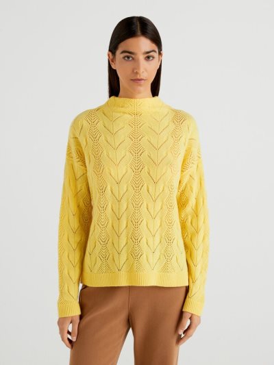 Yellow Women's Benetton Wool Blend Lace High Neck Sweaters | AU186115