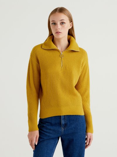 Yellow Women's Benetton Zip Opening V-neck Sweaters | AU711213