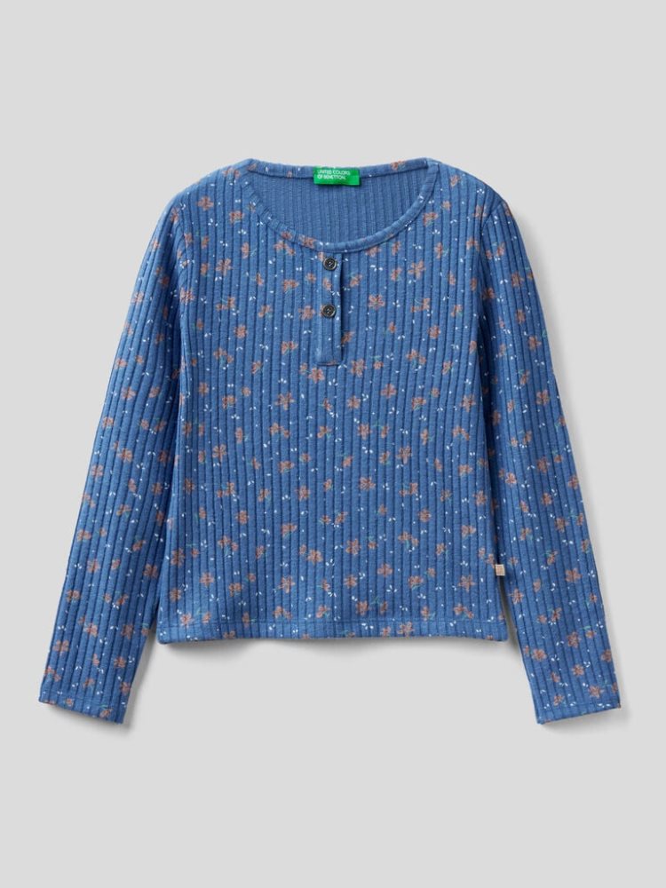 Air Force Blue Kids\' Benetton Warm Floral Print Long Sleeve T-shirts | AU172293