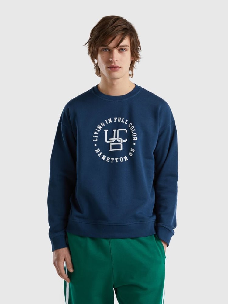 Air Force Blue Men\'s Benetton Crew Neck Logo Print Sweatshirt | AU241812