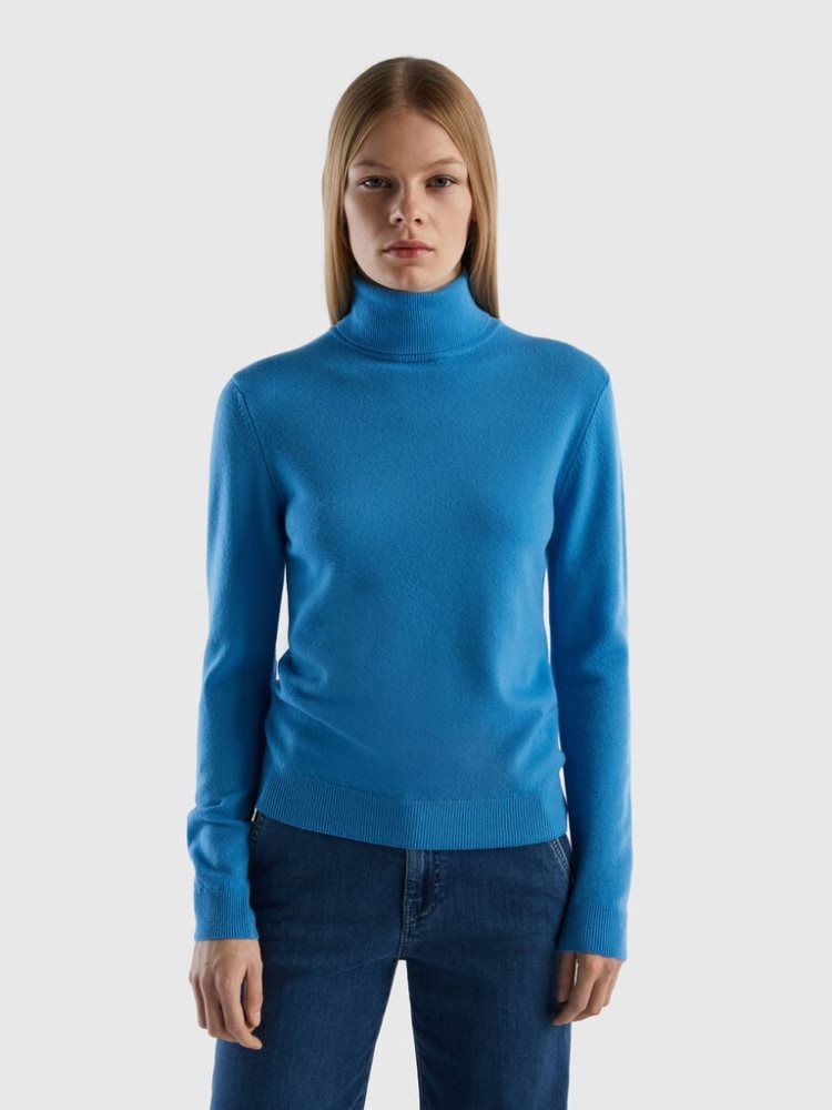 Air Force Blue Women\'s Benetton Pure Merino Wool Turtleneck High Neck Sweaters | AU596280