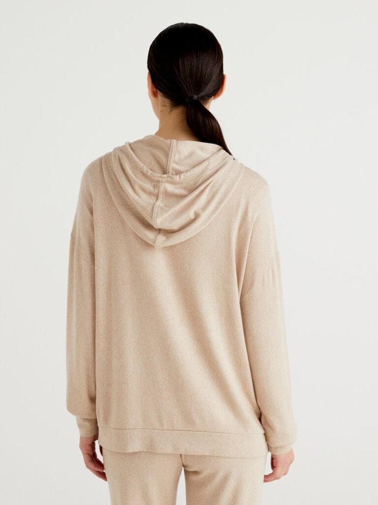 Beige Women's Benetton Long Sleeve Hood T Shirts | AU686046