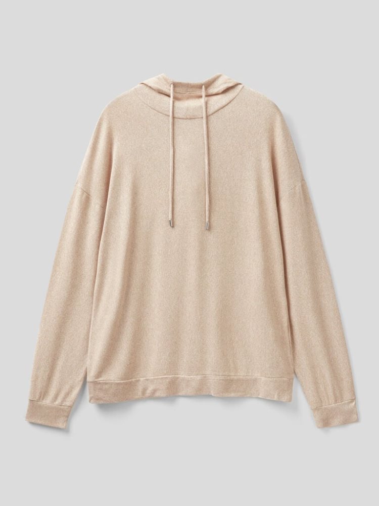 Beige Women's Benetton Long Sleeve Hood T Shirts | AU686046