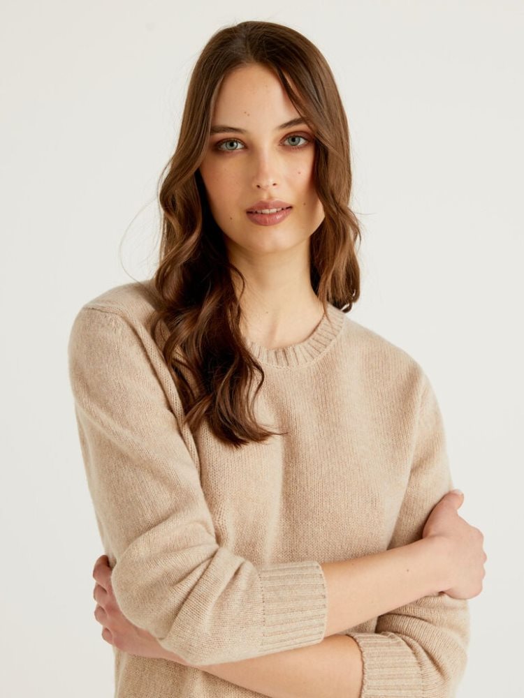 Beige Women's Benetton Pure Shetland Wool Sweaters | AU019537