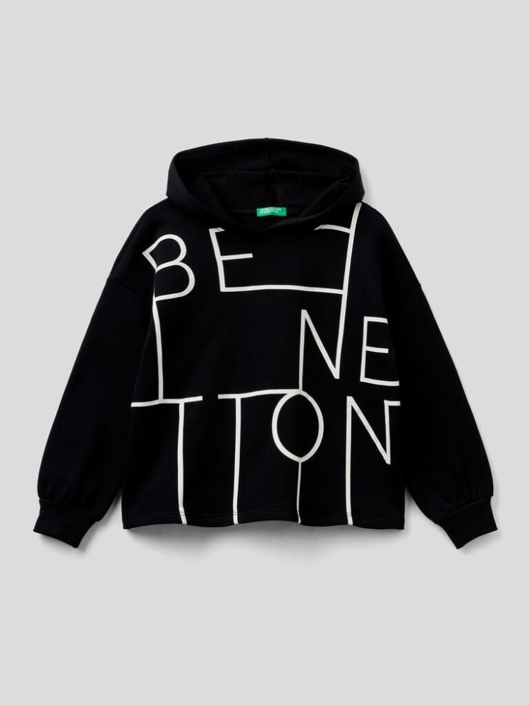 Black Kids\' Benetton 100% Cotton Boxy Hoodie | AU738296