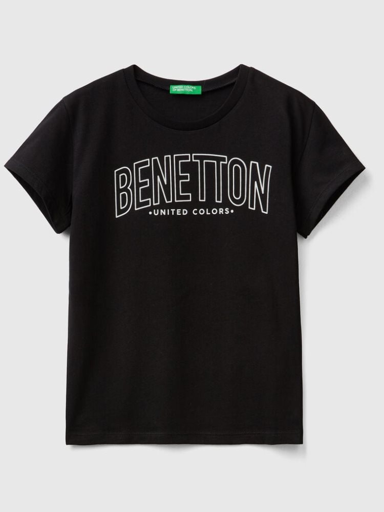 Black Kids\' Benetton 100% Cotton Logo Short Sleeve T-shirts | AU131514