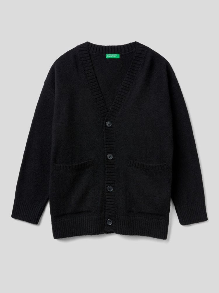 Black Kids\' Benetton Oversized V-neck Cardigan | AU802392