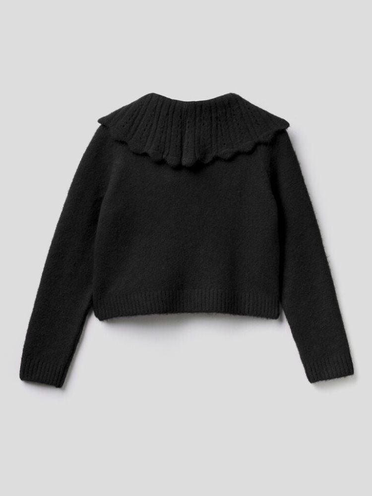 Black Kids' Benetton Ruffled Collar Cardigan | AU234443