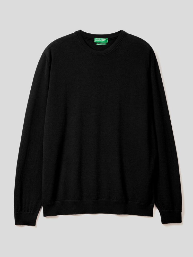 Black Men's Benetton Crew Neck Pure Virgin Wool Sweaters | AU718349