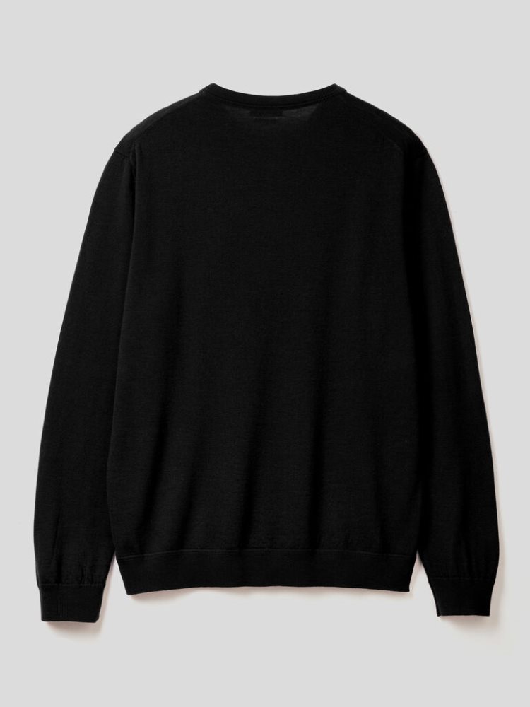 Black Men's Benetton Crew Neck Pure Virgin Wool Sweaters | AU718349