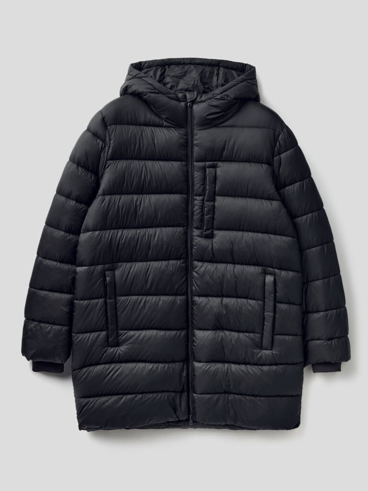 Black Men's Benetton Long Padded Recycled Nylon Puffer Jackets | AU515223