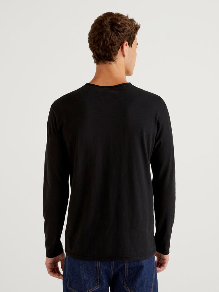 Black Men's Benetton Long Sleeve 100% Cotton T Shirts | AU386252