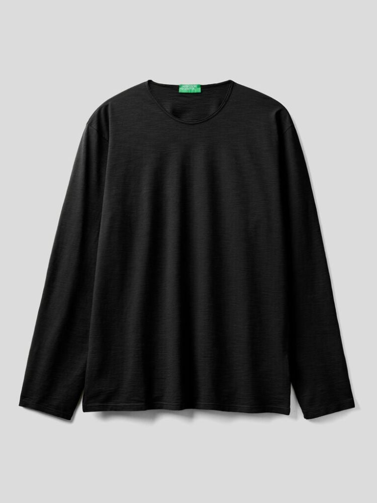 Black Men's Benetton Long Sleeve 100% Cotton T Shirts | AU386252