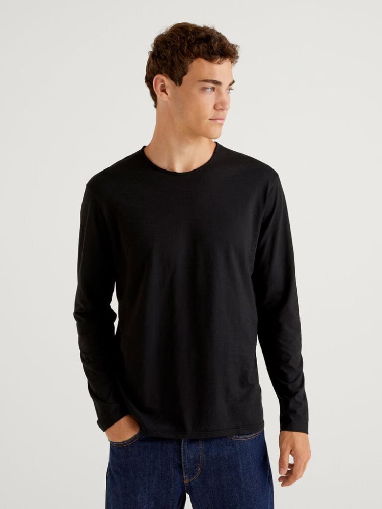 Black Men\'s Benetton Long Sleeve 100% Cotton T Shirts | AU386252