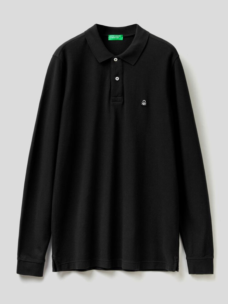 Black Men's Benetton Long Sleeve 100% Cotton Polo Shirts | AU737726