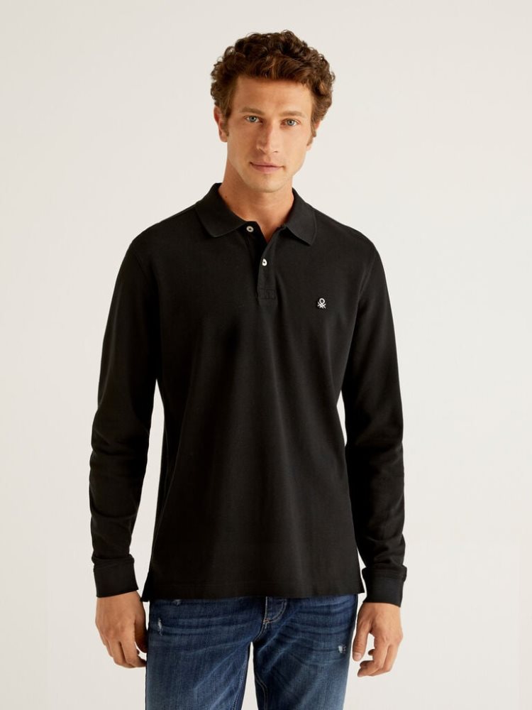 Black Men\'s Benetton Long Sleeve 100% Cotton Polo Shirts | AU737726