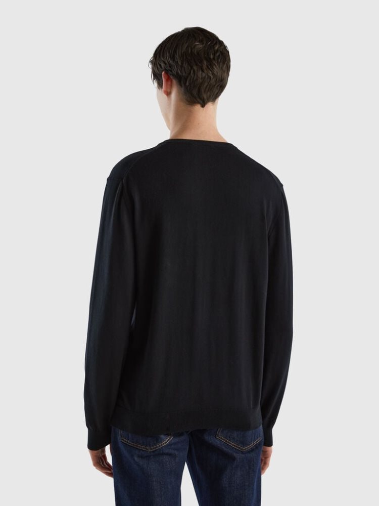 Black Men's Benetton Pure Cotton V-neck Sweaters | AU421505