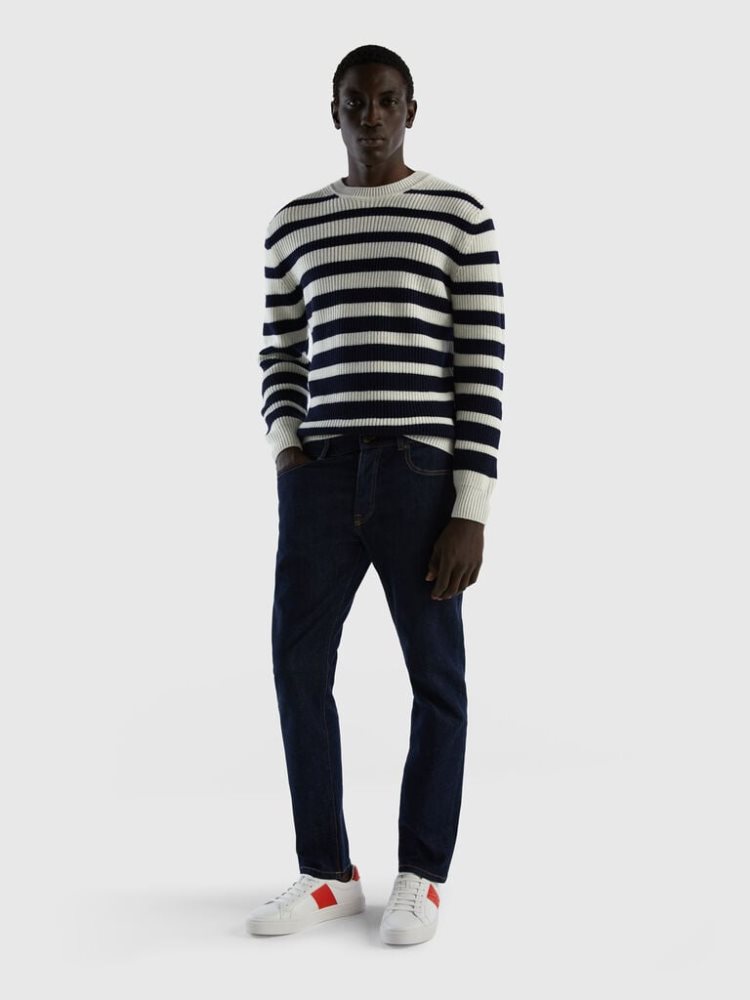 Black Men's Benetton Striped Wool Blend Crew Neck Sweaters | AU731458