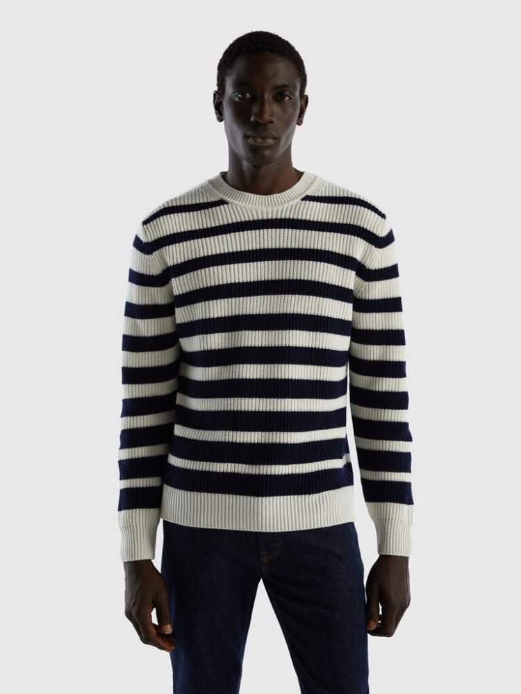 Black Men\'s Benetton Striped Wool Blend Crew Neck Sweaters | AU731458