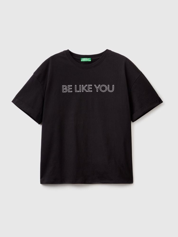 Black Women's Benetton 100% Cotton Slogan Short Sleeve T-shirts | AU385007