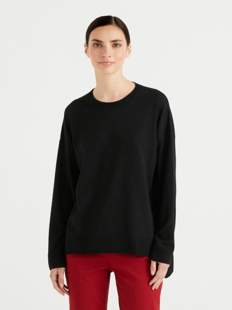 Black Women\'s Benetton Boxy Fit Cashmere Blend Crew Neck Sweaters | AU297082