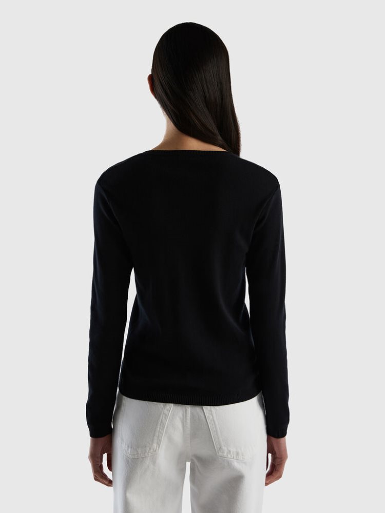 Black Women's Benetton Pure Cotton V-neck Sweaters | AU674942